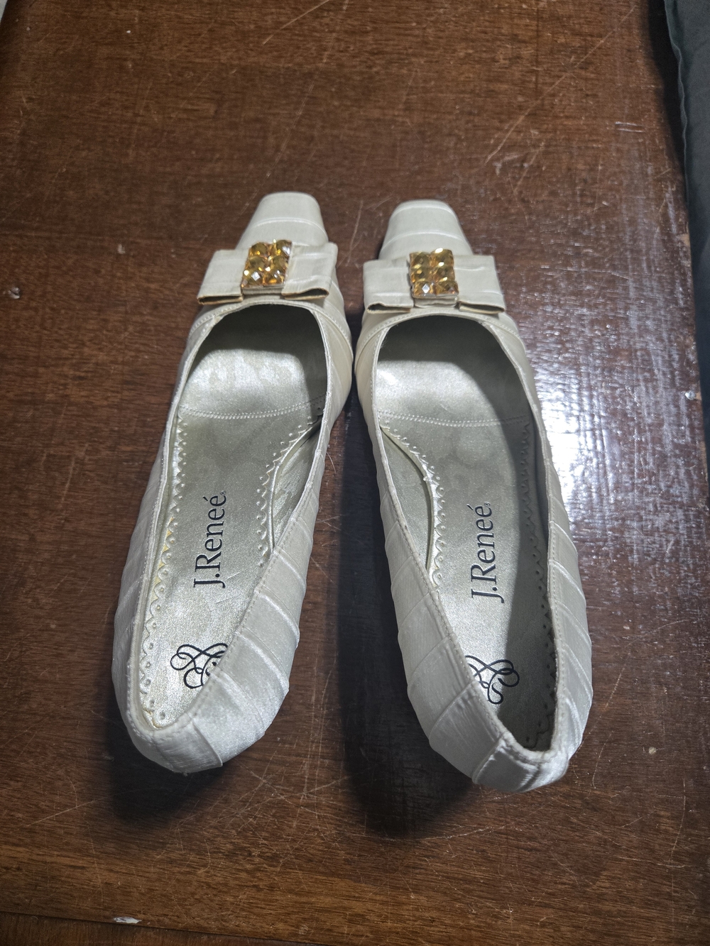 J.Renee Cream Ballet Flats with Gold Jewel Bow